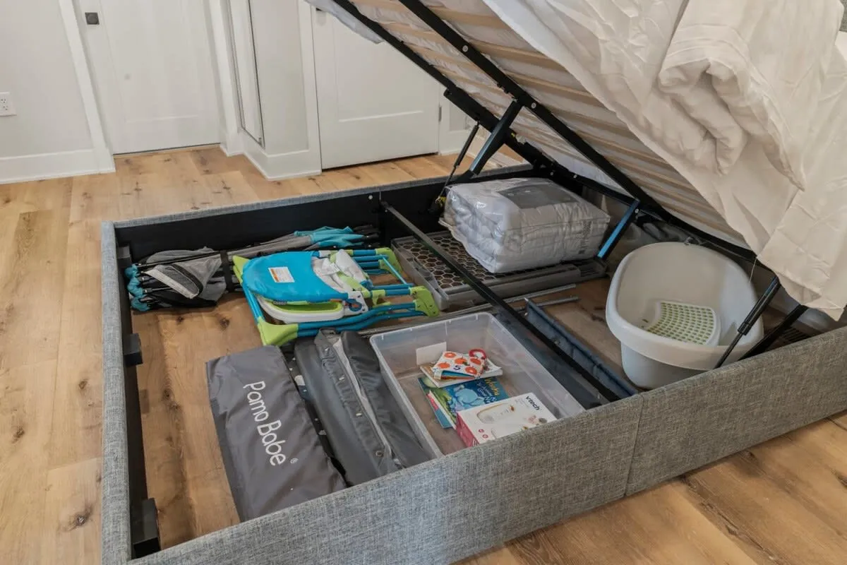 Thoughtful extras included—baby gear, linens, and essentials stored neatly for families and longer stays alike.