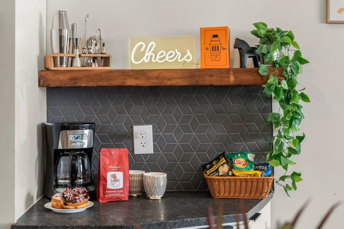 A cozy touch of hospitality—grab a snack, brew fresh coffee, or toast to your Philly getaway.