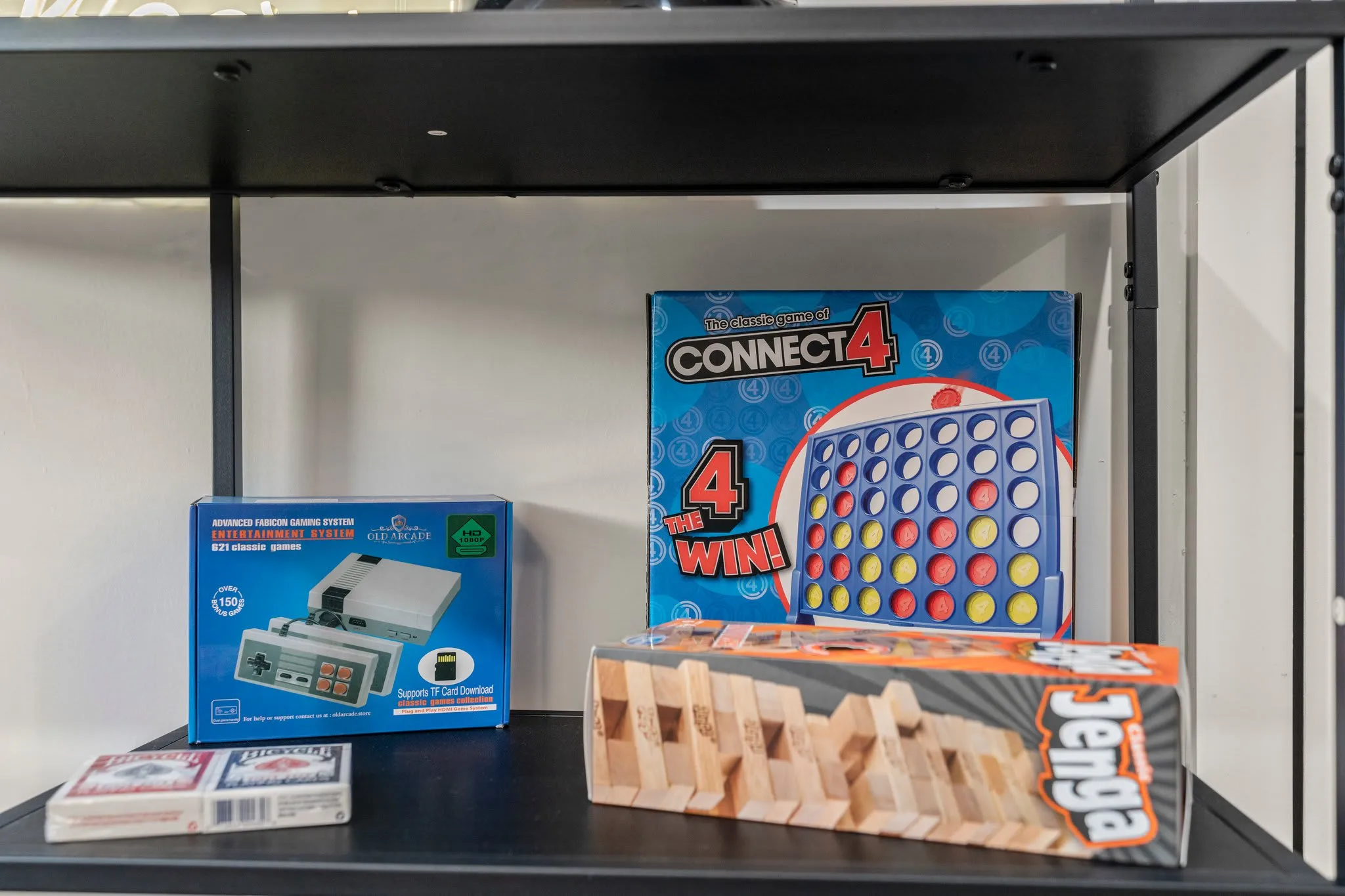 Stay entertained with Connect 4, Jenga, cards, and retro gaming—fun for cozy nights in.