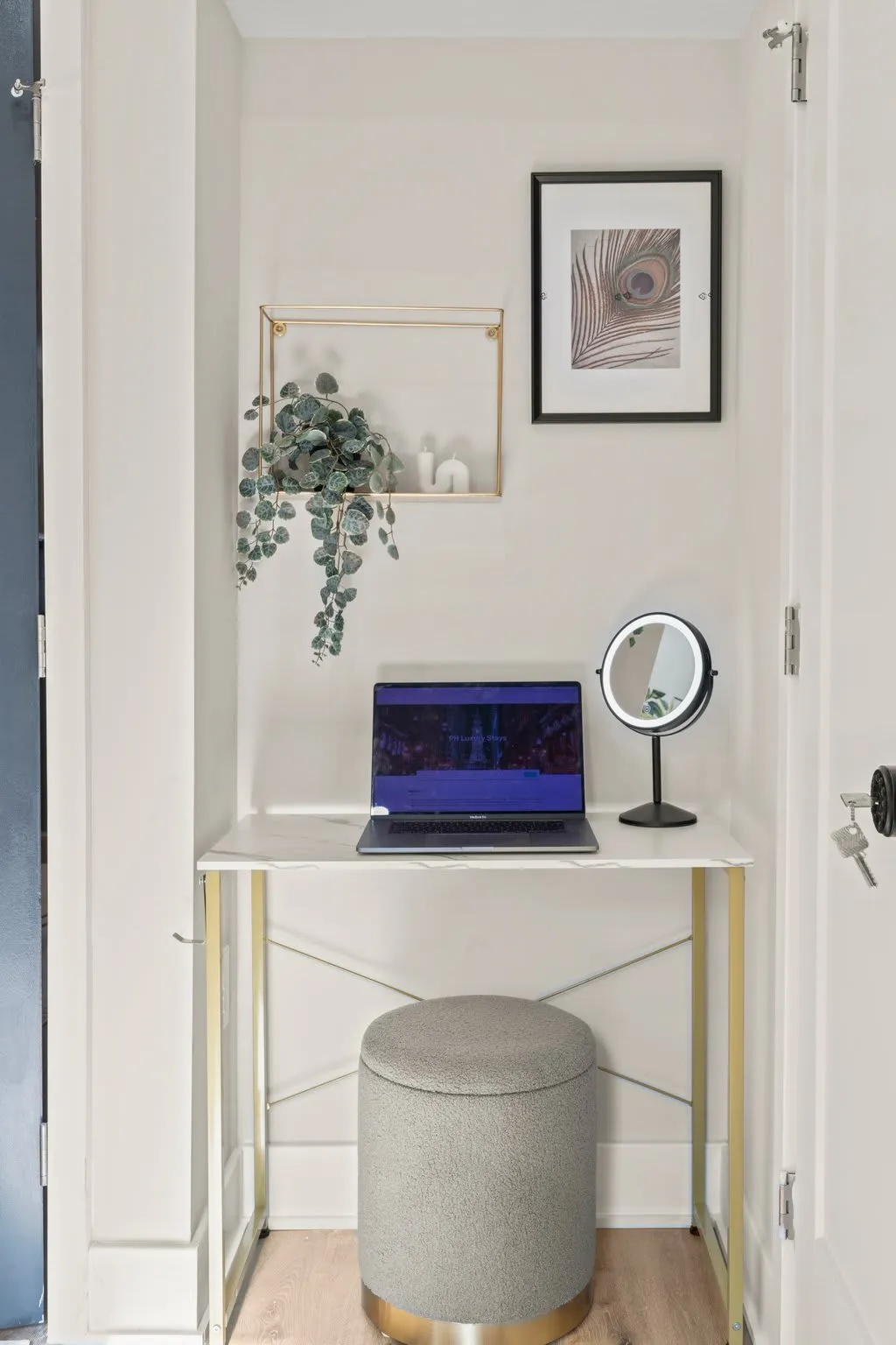 A cozy corner desk for work or glam, blending modern style with quiet comfort.