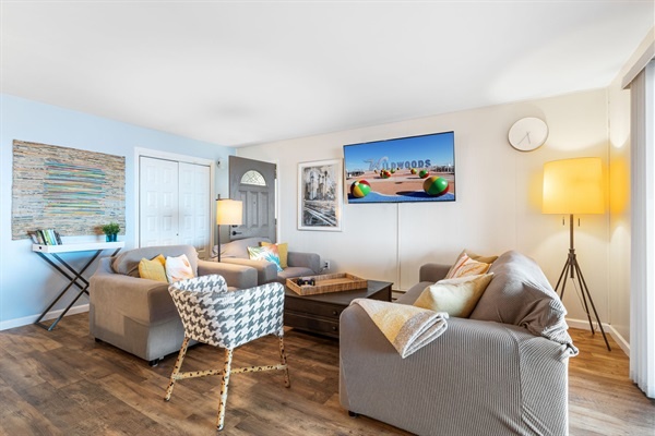 Sink into comfort and stream your favorites with the ocean just steps from your seat.