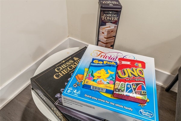 Game night is handled—UNO, Chess, and Trivial Pursuit are ready for a cozy night in with your favorite people.