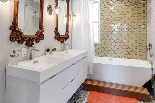 The soaker tub in this ensuite bathroom is amazing and relaxing.