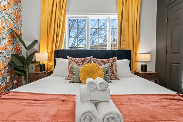 Golden light pours in each morning — start your day refreshed in a space that’s equal parts chic and cheerful.