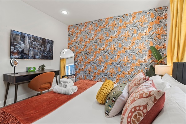 Wake up inspired — stream your favorites or catch up on work from your cozy desk with pops of color all around.