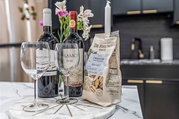 Start your getaway with a toast—sip local wine, snack, and settle into your chic Philly escape. (Sorry, the wine, cheese, and crackers are not included!)