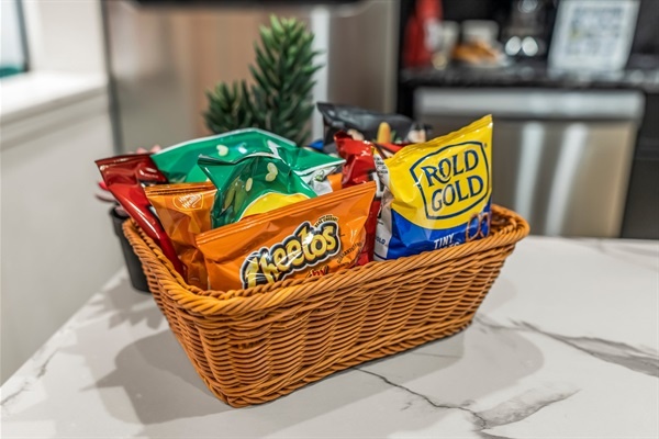 Help yourself to a treat anytime—your welcome basket adds a personal touch to your stay.