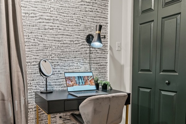 Work or unwind in style—your sleek workspace is perfect for remote work, journaling, or planning your next Philly outing.