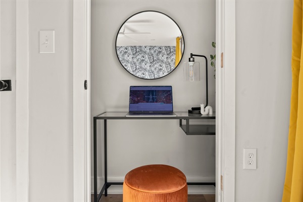A stylish desk nook for work or journaling—quiet, bright, and thoughtfully designed for your stay.